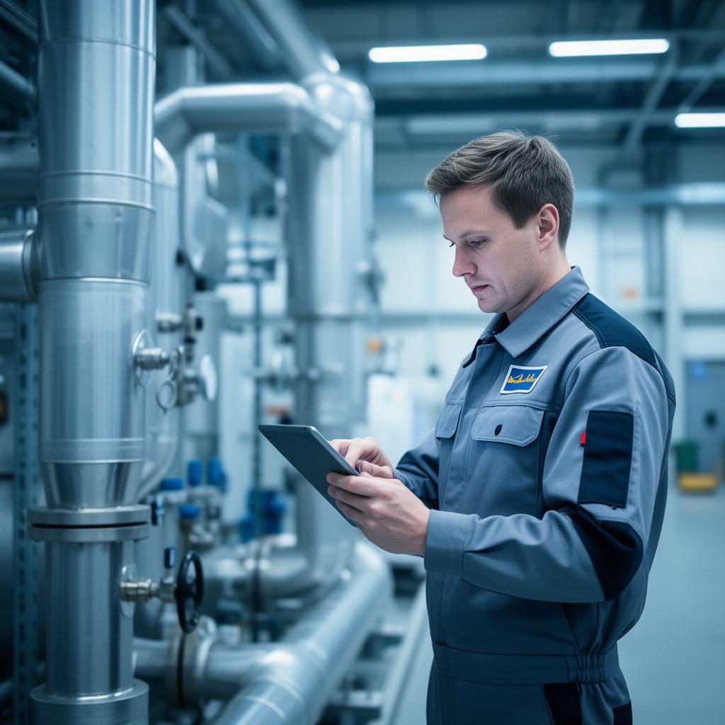 Servicetekniker inspekterar ångpipework med tablet